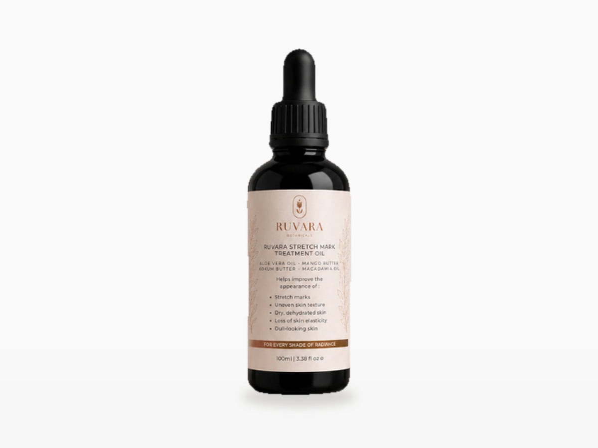 Ruvara Stretch Mark Treatment Oil on clean white studio background